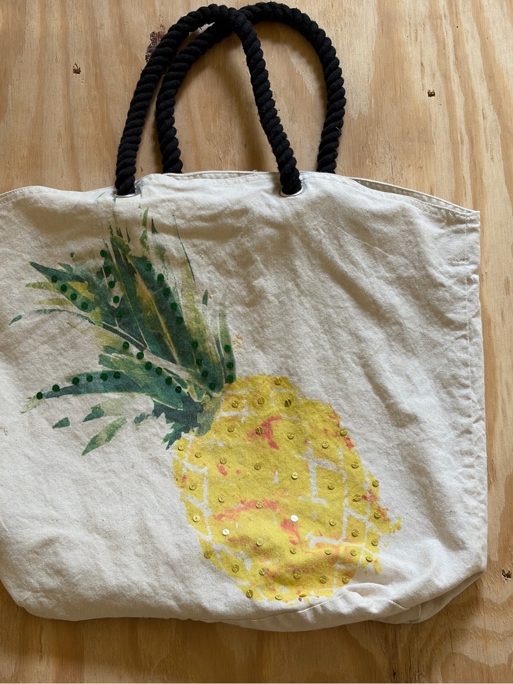 Canvas Pineapple Tote Bag with Rope Handles - Yellow/Green